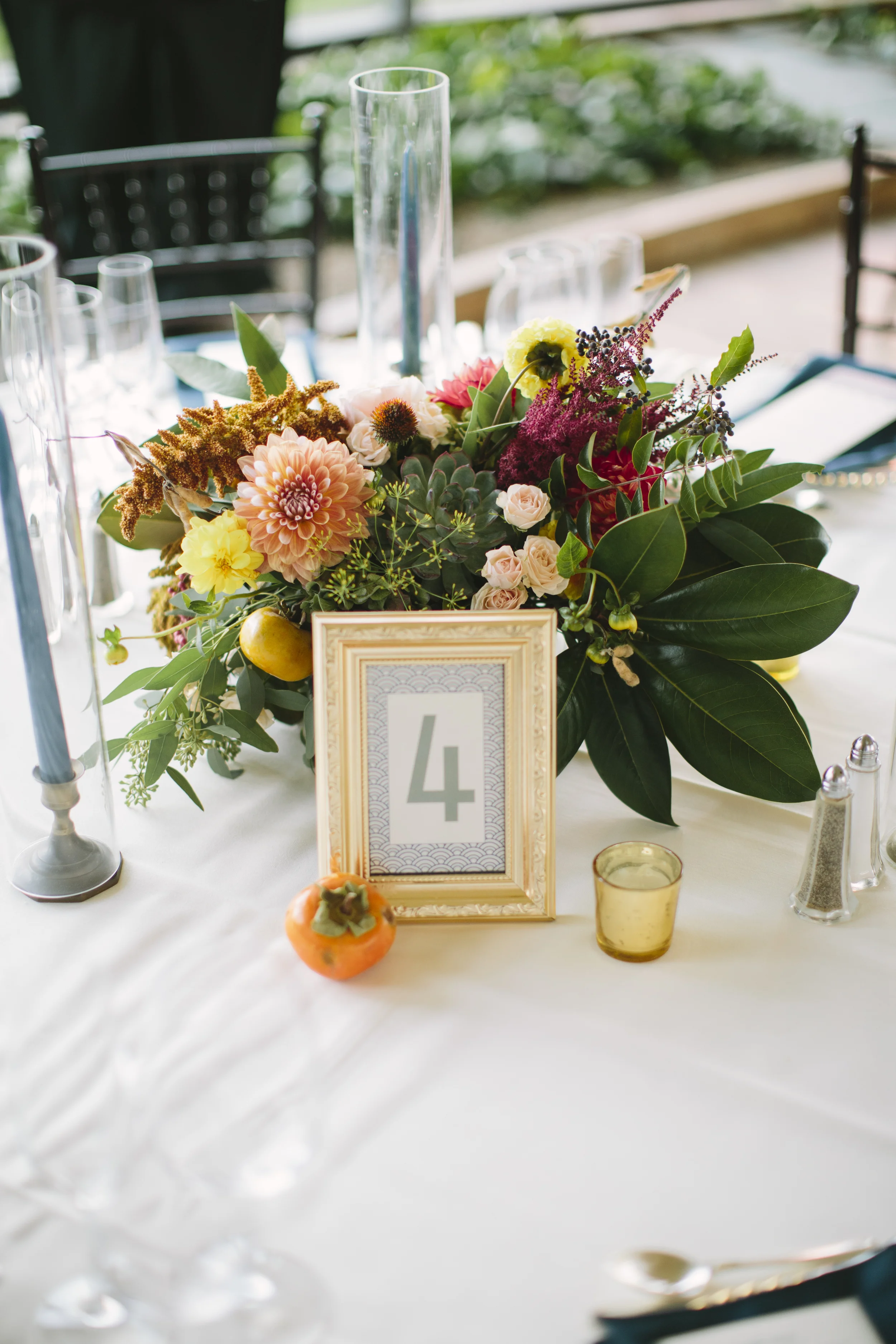 fall floral centerpiece with table number