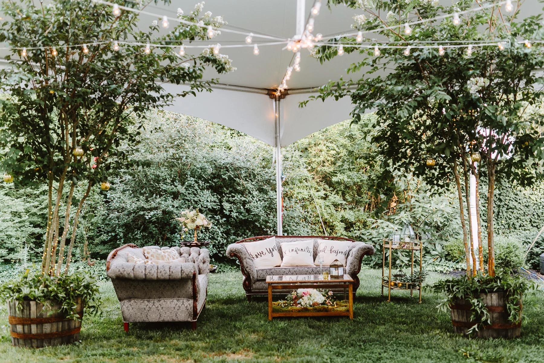 garden wedding with lounge set up