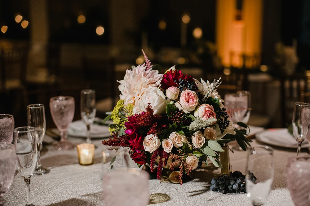 floral centerpiece with Burgundy and blush flowers