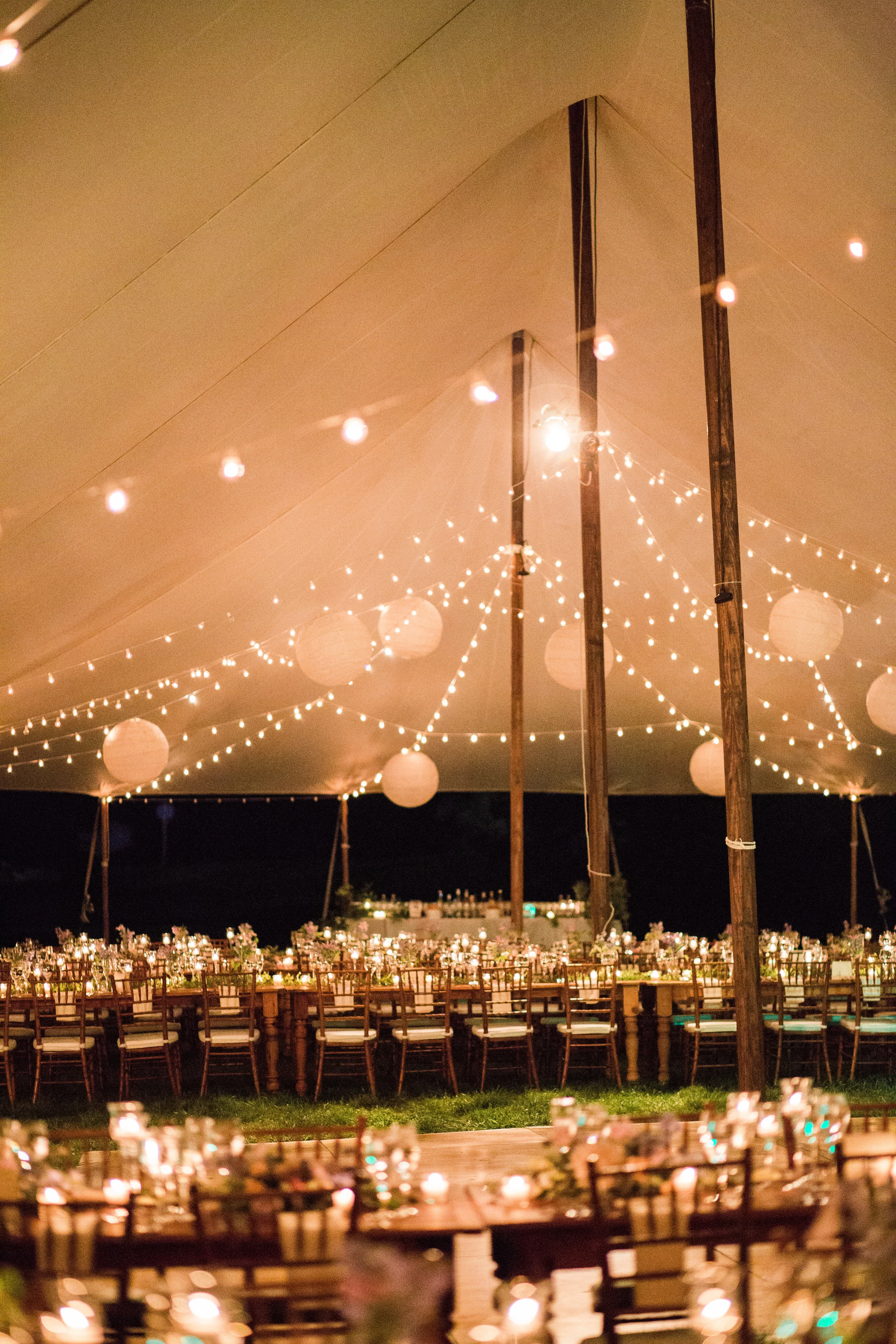 tent with lights and lanterns