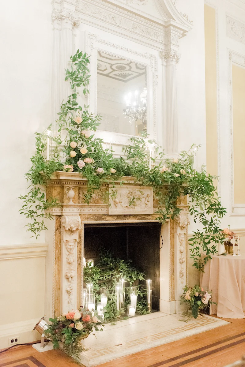 mantle decor with greenery and candles
