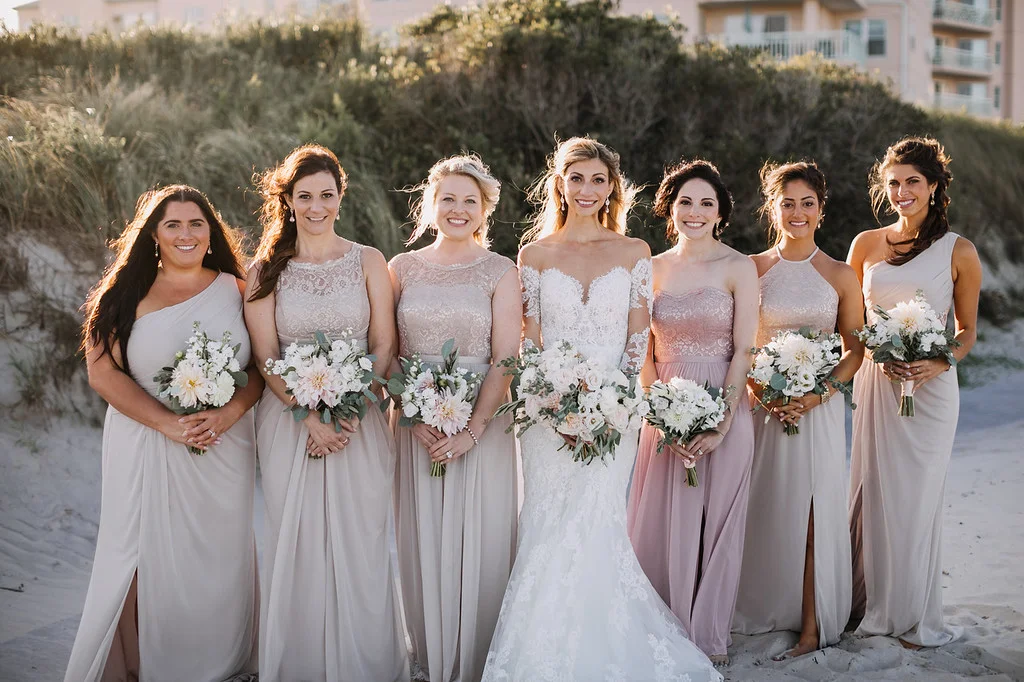 tan and blush bridesmaids, white and blush bouquets, beach wedding, fall wedding, Love Me Do Photography