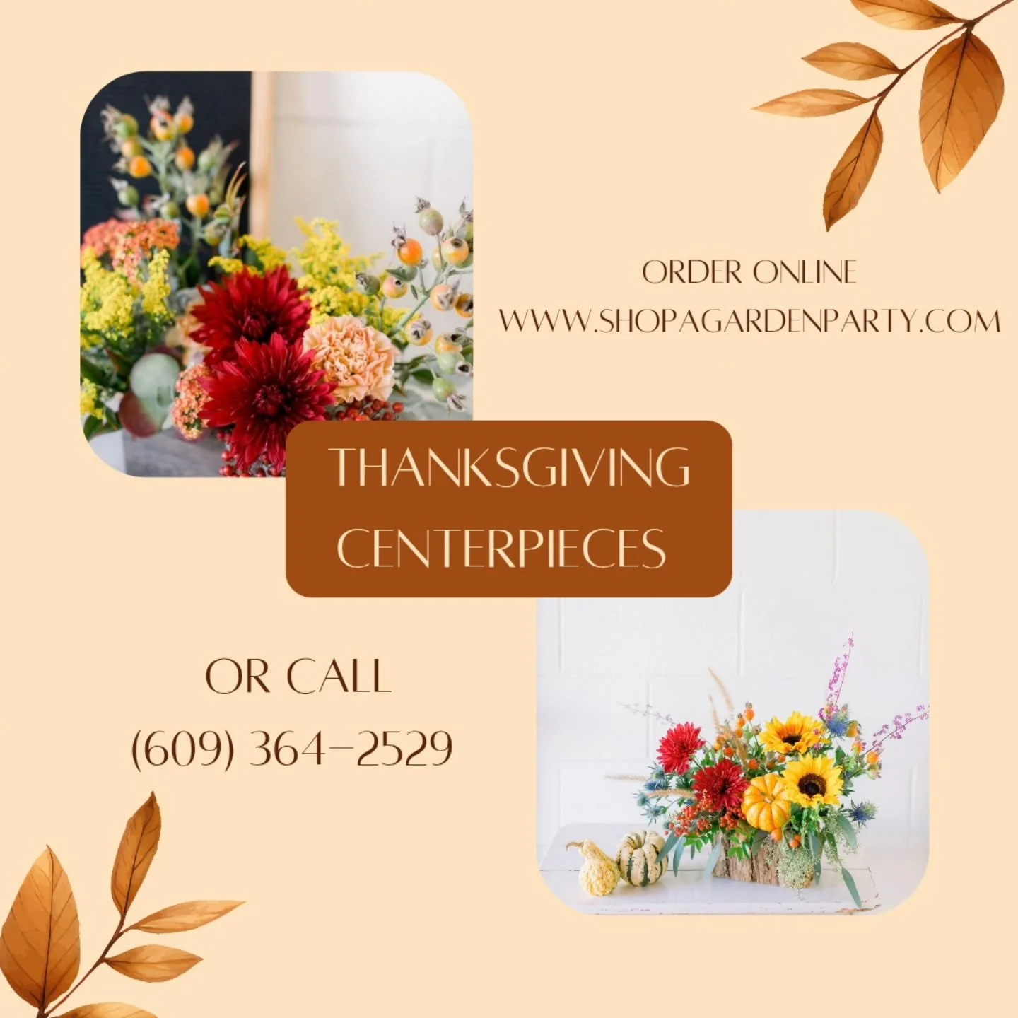 We have many long lasting fresh flower centerpiece options available for Thanksgiving. The perfect final touch for your table or a great hostess gift! Call 609-364-2529 or order online Www.shopagardenparty.com  Pickup and local delivery available. #t