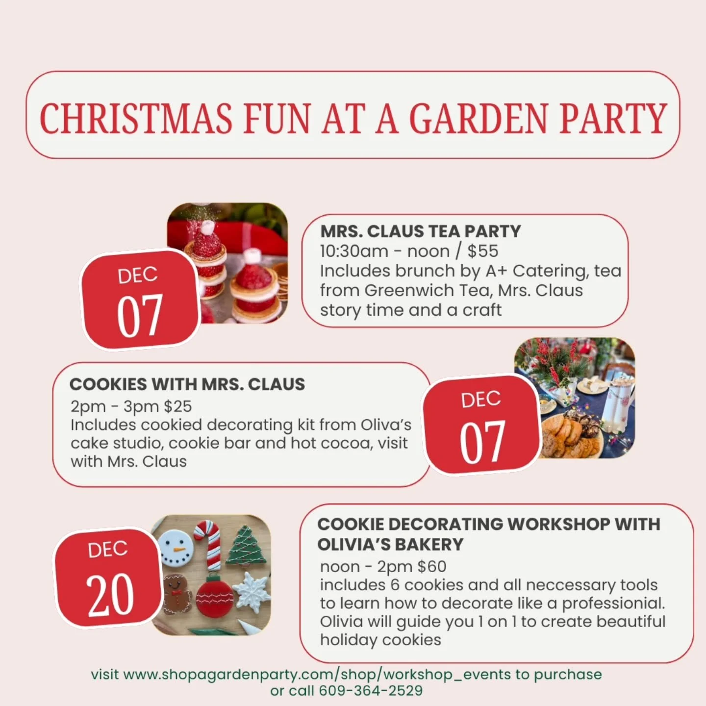Don't miss out on all the fun things we have planned this holiday season! Mrs. Claus will be here for brunch with @apluscateringandeventsllc and @greenwichtea1. Then there is cookies with Mrs. Claus and a cookie decorating workshop With @olivias_cake