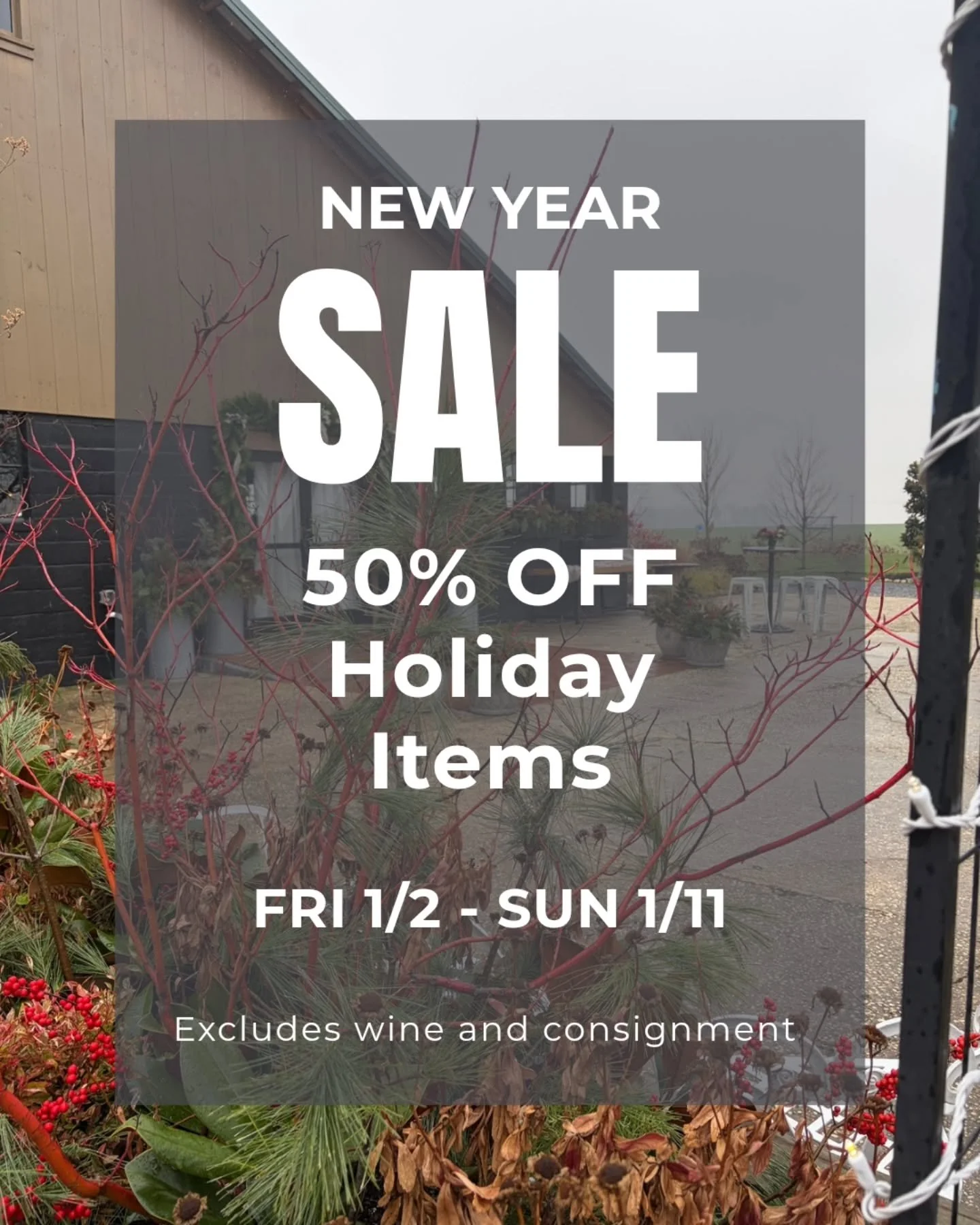 We will reopen Friday at 10am and return to our normal hours. Open Tues - Sun, 10am - 5pm. Closed Mondays. AND to celebrate we are having our biggest sale ever. All holiday items are 50% off through Sunday 1/11. Come in and treat yourself! We are loo