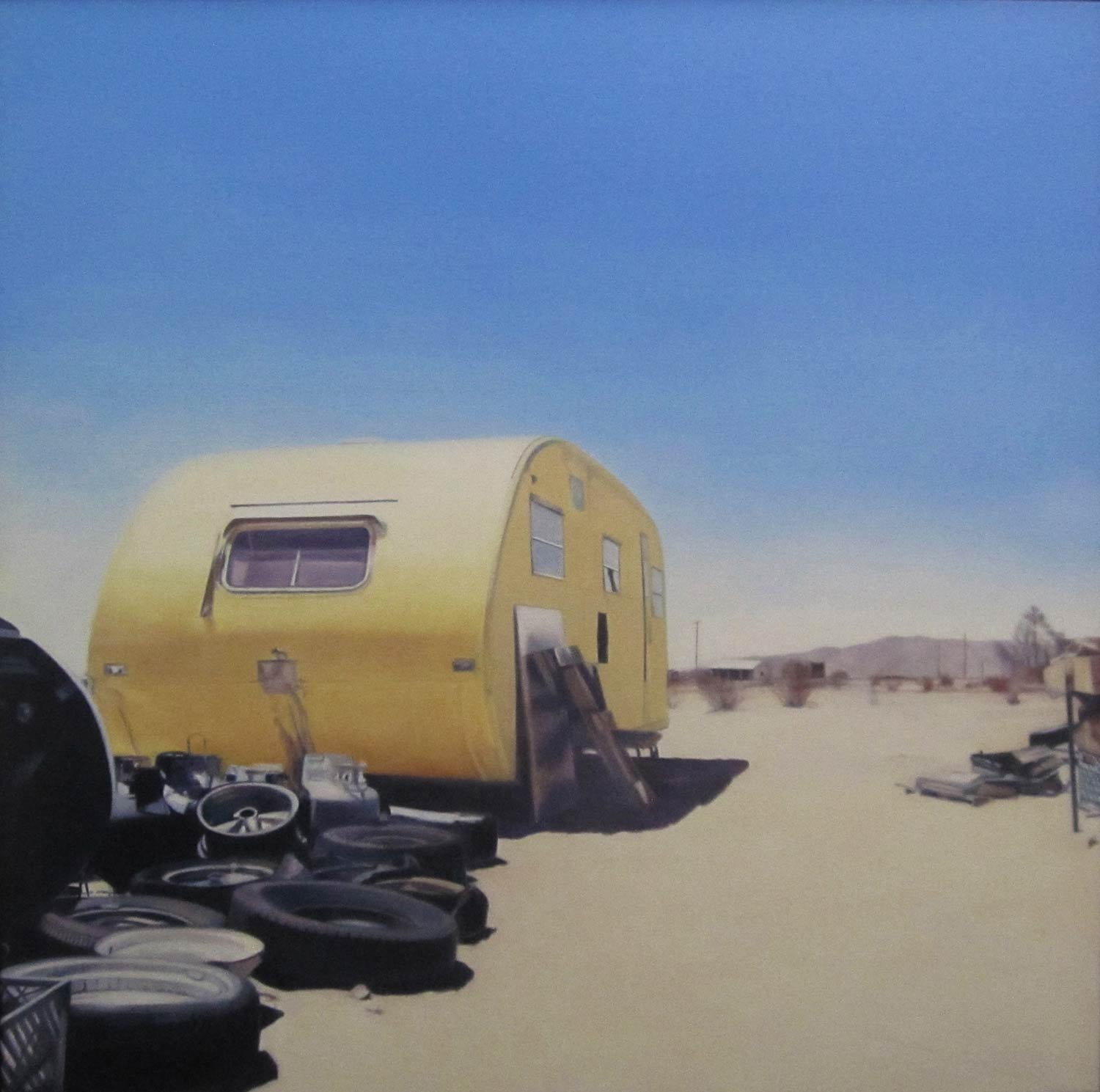 Back of Beyond, Wonder Valley, Yellow Trailer, 2012, oil on canvas, 48 by 48 inches