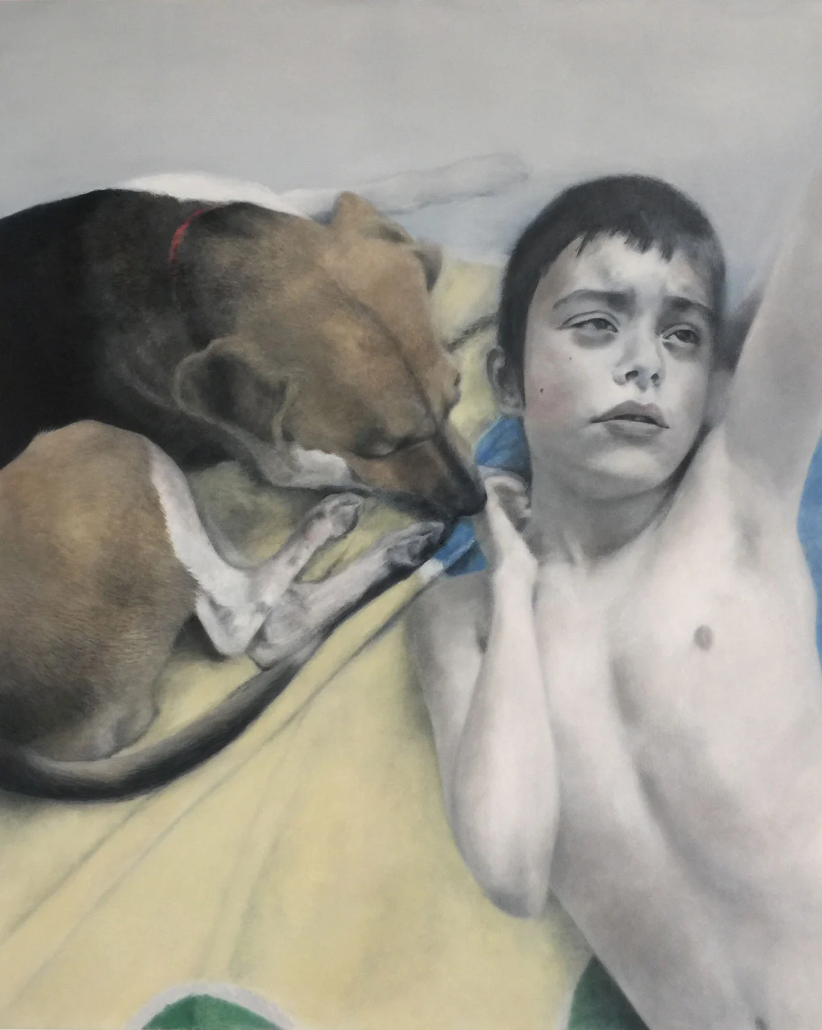 Deborah Martin Portraits of Autism - Buhdda At Ten with Service Dog Mouse, 2017 Oil on canvas 42x52"