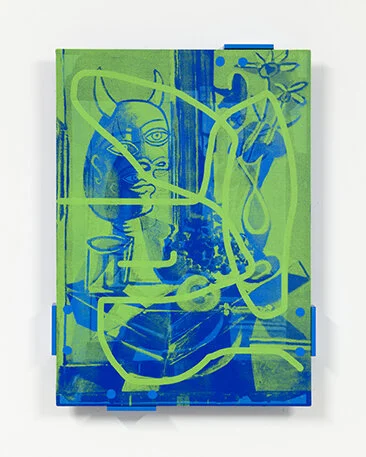  Simon Attwooll,  Ton tonton (bleu-vert),  2020 acrylic and screen-print on ACM panel in artist frame 315 x 430 mm  ______ 