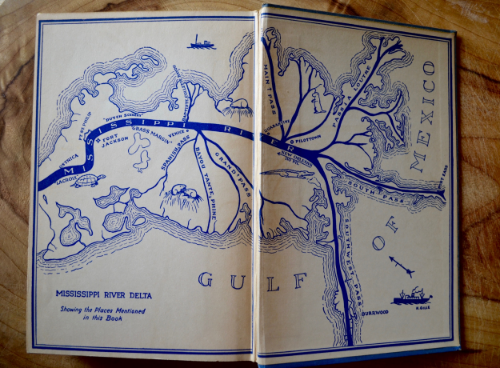Endpapers from the 1936 edition of O'Donnell's first novel, Green Margins , depicting lower Plaquemines Parish.