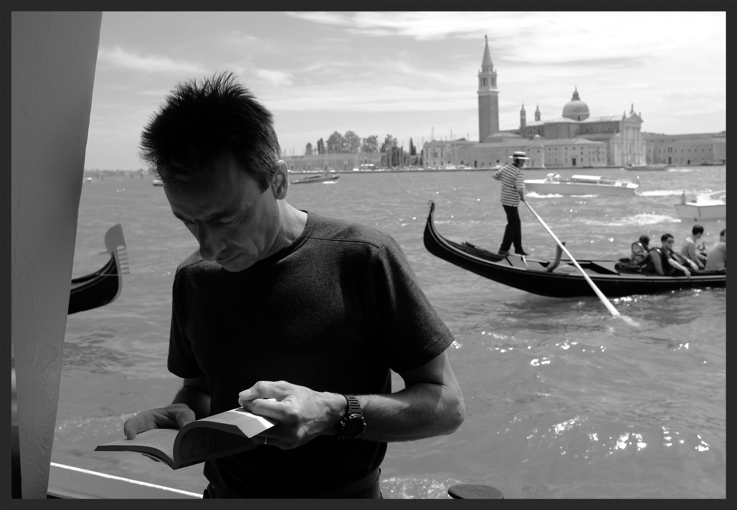 Riding the vaporetto with Giudecca in the background.