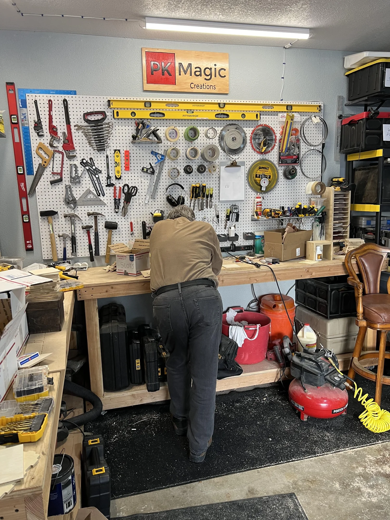 Patrick Snowden working at the PK Magic workbench