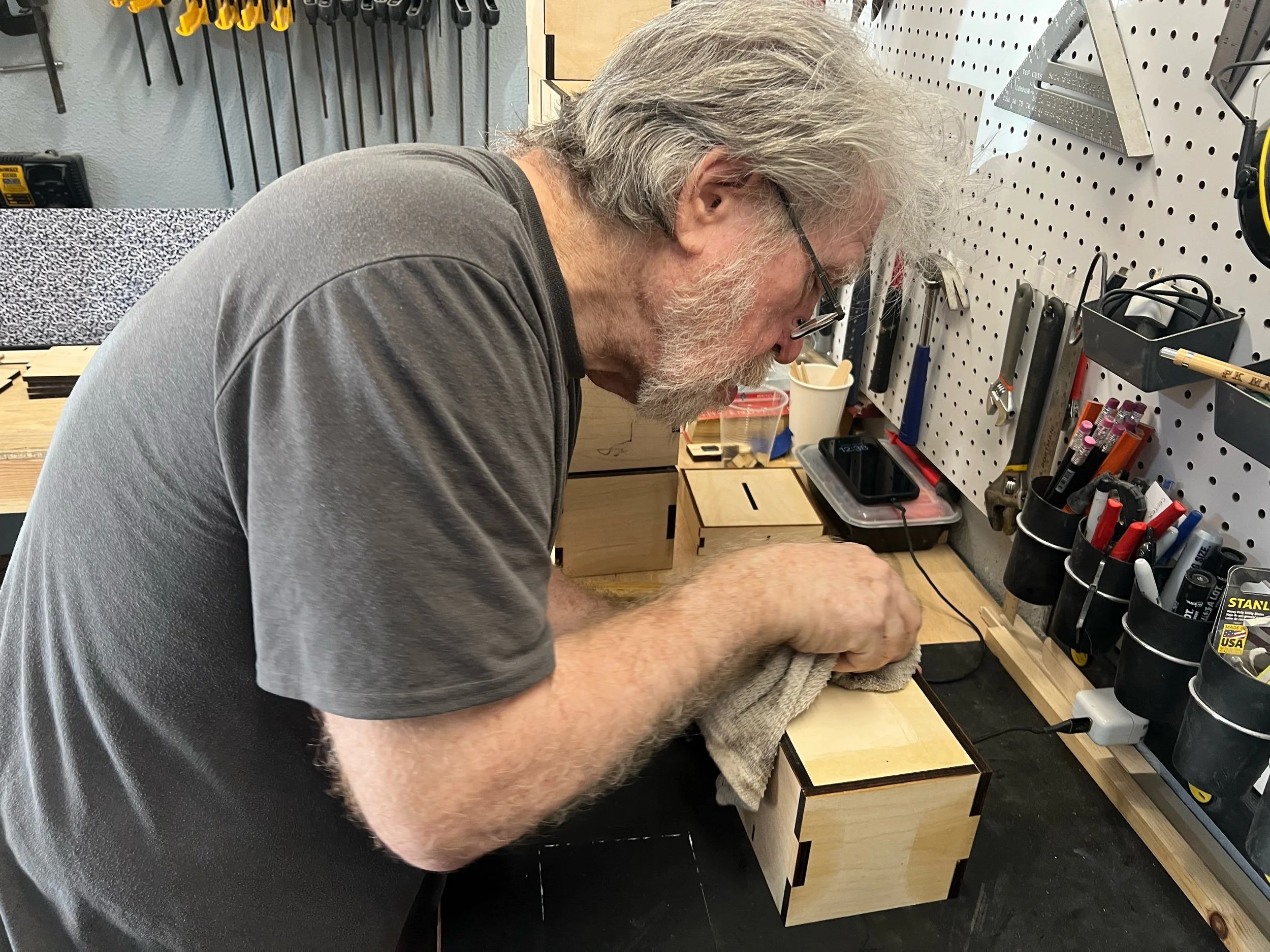 Patrick just finishing an Elder Box assembly