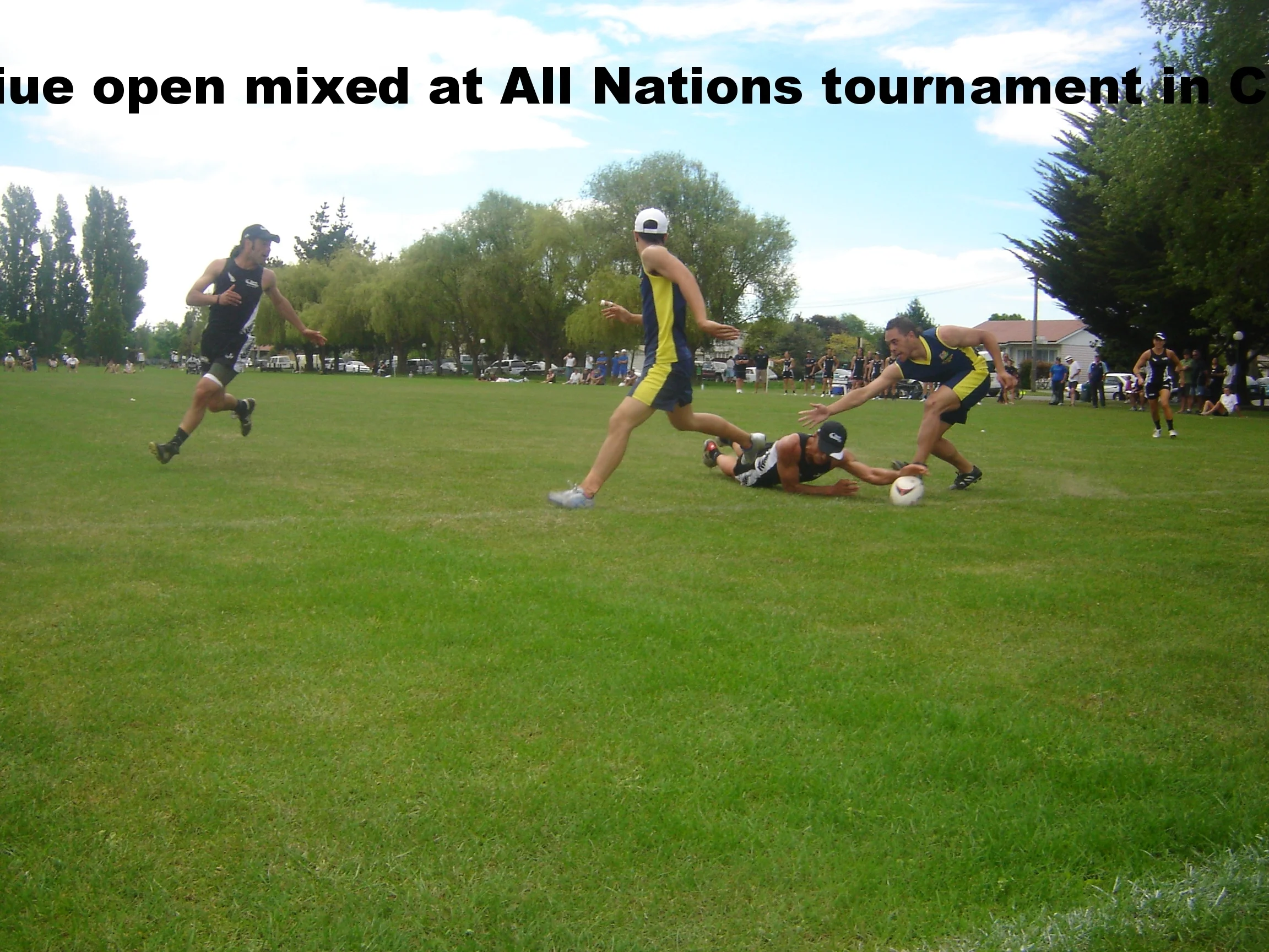 Touchdown then half a second later three broken fingers. NZ v Niue open mixed at All Nations tournament in Christchurch 2005