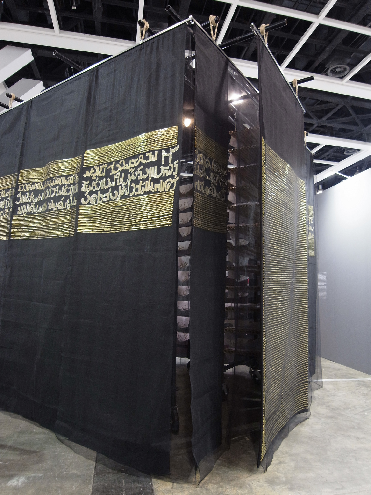  78, 2014, Steel Scaffolding, Bamboo, Fabric, Embroidery, Courtesy of the Artist. 350 x 350 x 350 cm 