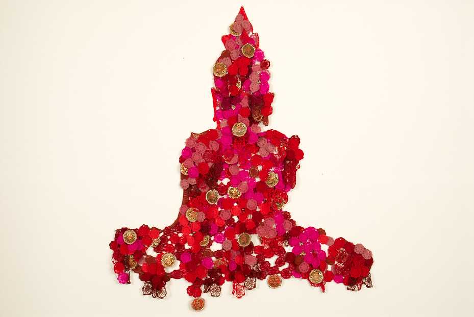  Red Buddha, 2010, Crochet, Bumperstickers, Threads, 215 x 215 cm, Courtesy of Tyler Rollins Fine Art 