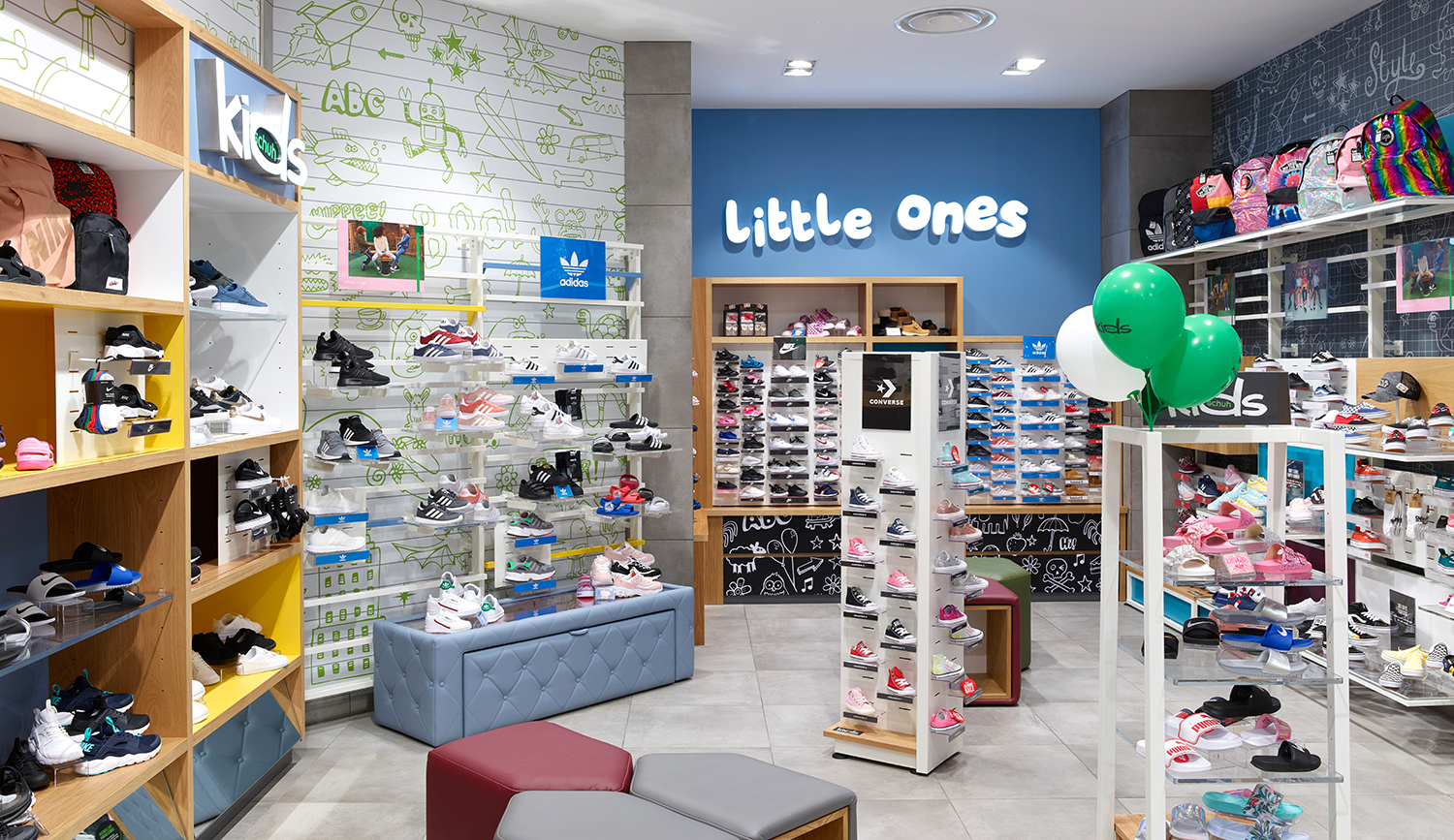 In-store elements including; Kids, little ones branding both face illuminated via LEDs and digital print wall graphics