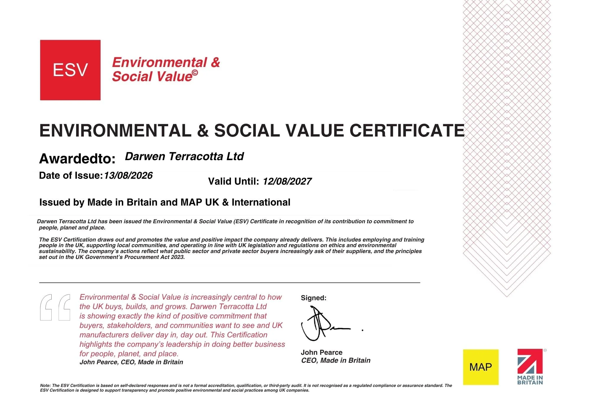 Darwen Terracotta renews Environmental &amp; Social Value Certification for second year running