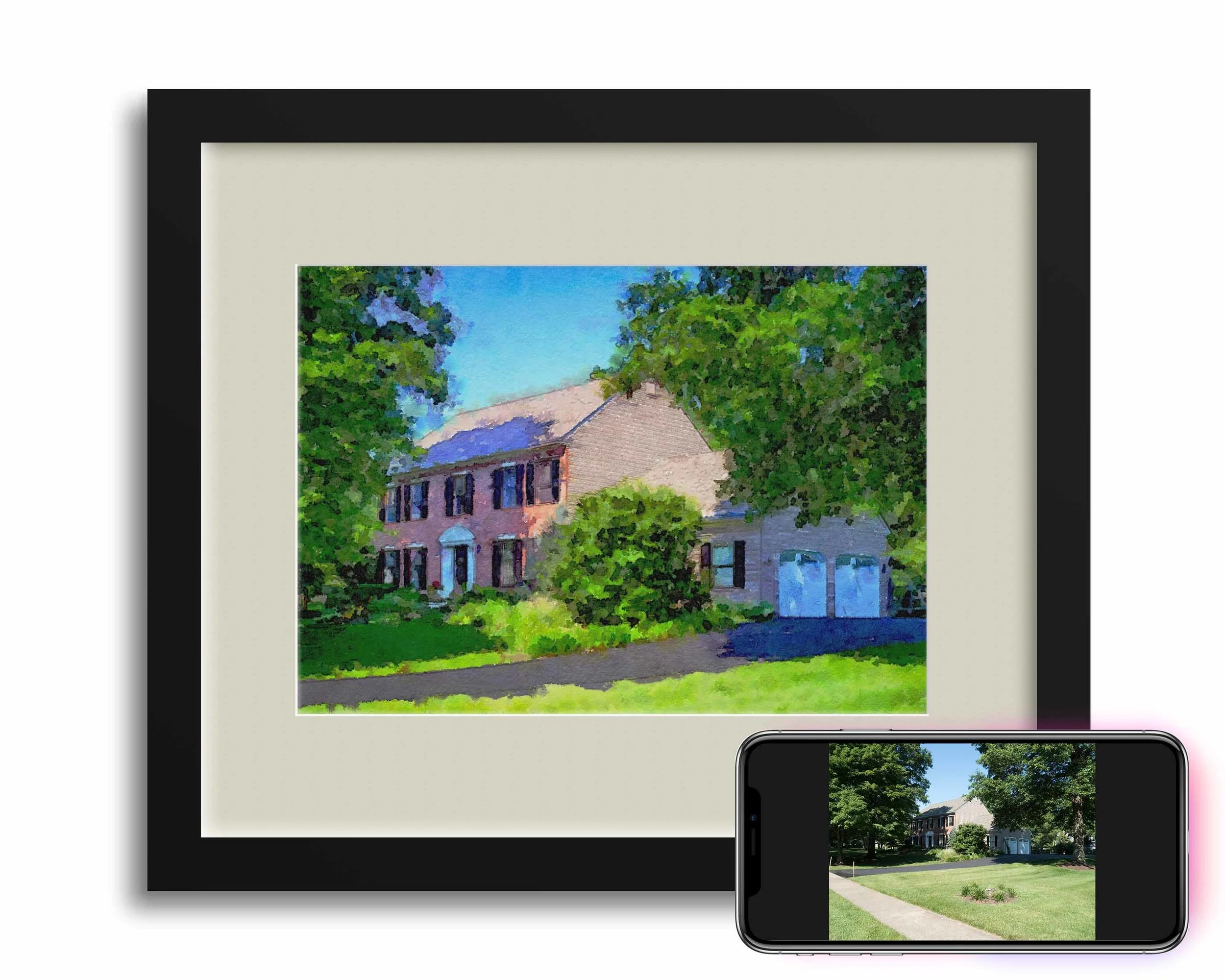 After 19 years bringing up three kids in the same house the family moved 2,000 miles away. A photograph of the old house was taken and rendered into a Photocolor. The final Photocolor was framed and hung in the new house and three MiniArt Cards were framed for each of the kids to have in their dorm rooms. 