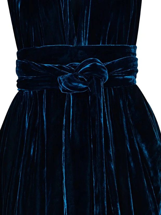 EPOK SILK VELVET GODDESS DRESS DEEP OCEAN BLUE DETAIL VIEW.jpeg