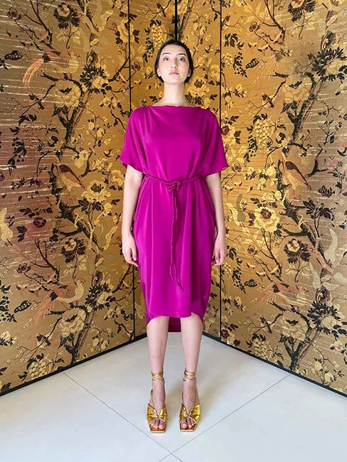 E P O K Draped Silk T-Shirt Dress with Obijime Orchid Fuchsia
