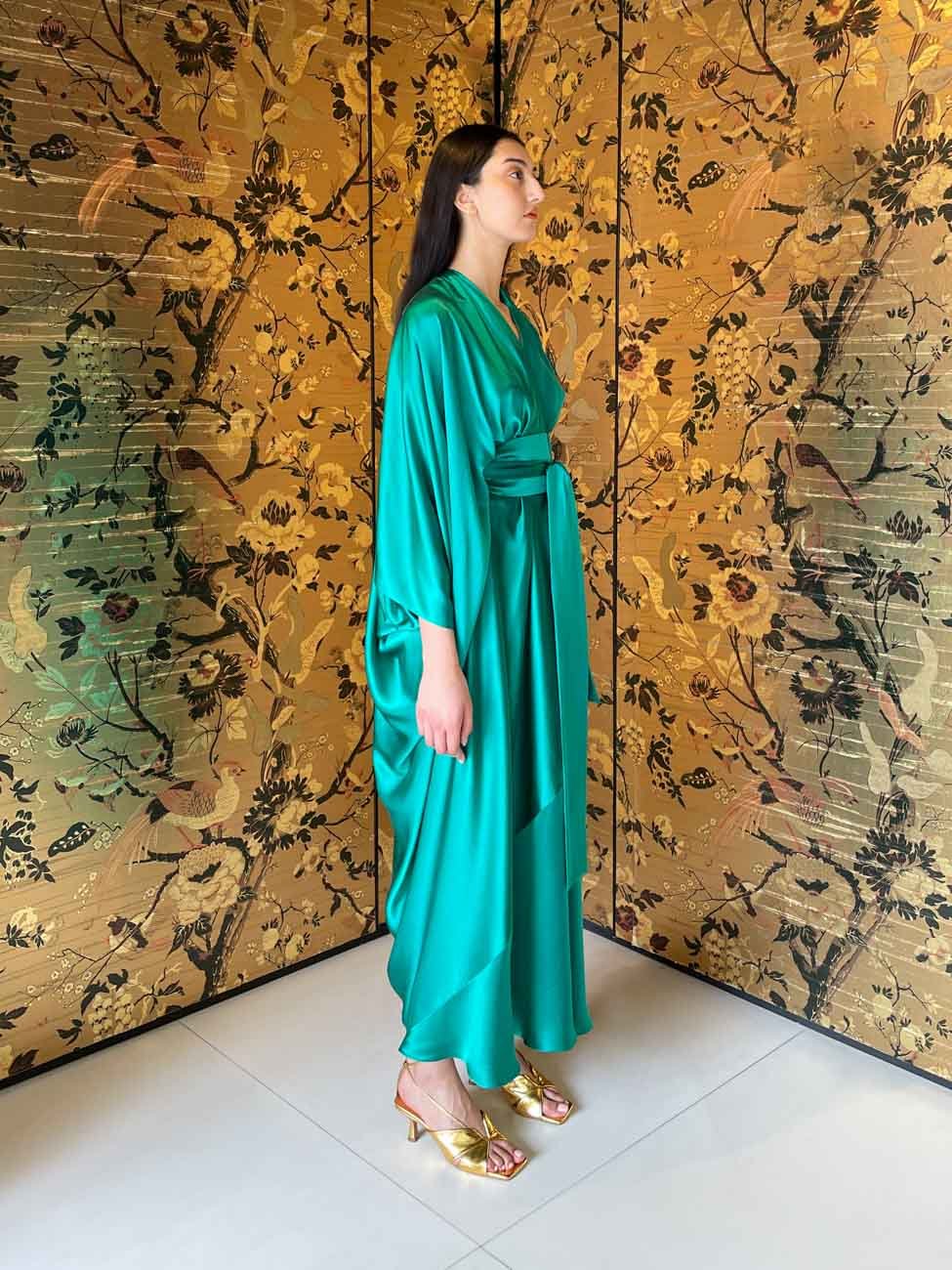 green silk kimono dress Emerald Garden Satin Wrap Kimono Dress