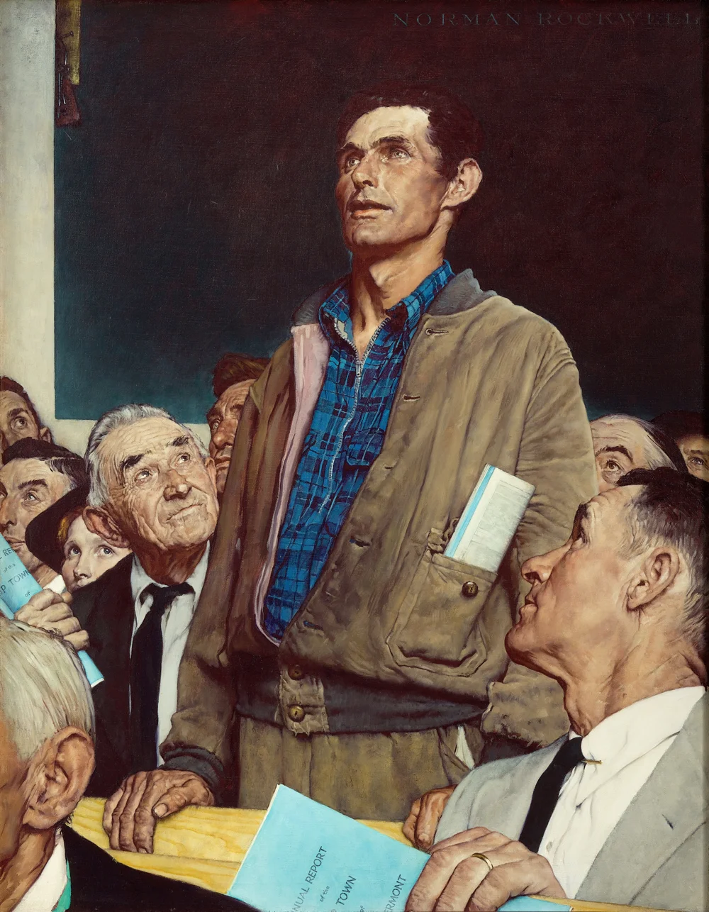 Norman Rockwell (1894-1978), Freedom of Speech, 1943. Story illustration for The Saturday Evening Post, February 20, 1943. Collection of Norman Rockwell Museum. (c)SEPS: Curtis Licensing, Indianapolis, IN. All rights reserved. www.curtislicensing.com