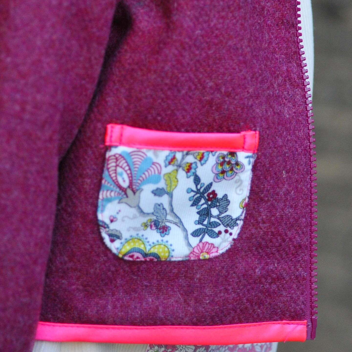 A little Liberty Print goes a long way 💕 This is the pocket detail of our funky little zip through woollen jacket. Not many left in this colour....