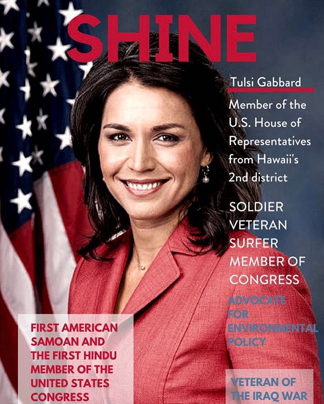 Tulsi Gabbard is a #congresswoman representing Hawaii's 2nd Congressional District.  She is also a #veteran of the Iraq war and along with #tammyduckworth, she is the first female combat veteran in the U.S. Congress.  She is an inspiring leader.  Her