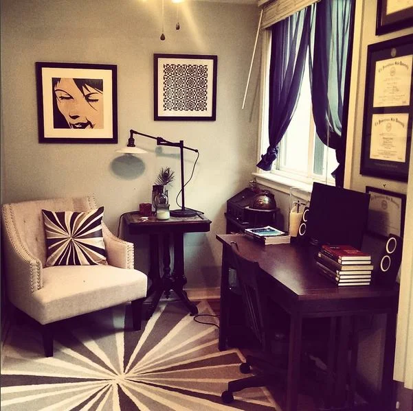 Writing Nook. Art by me from long ago. Pillow/Rug by West Elm. Desk by Crate & Barrel. Side table is antique.