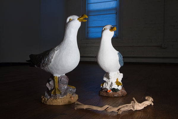 Installation view. Ready mades, 20 cm high seagull tourist memorabilia statues bought at the Baltic sea. Photo: Hulda Rós Guðnadóttir.