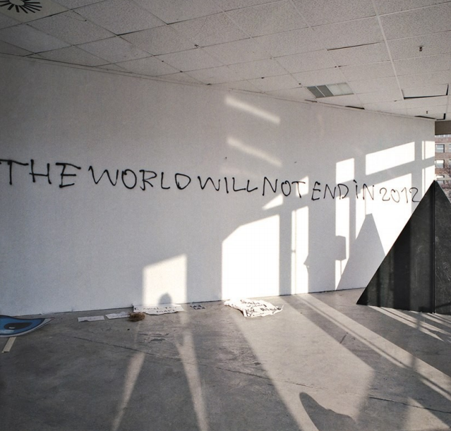 The World Will Not End as spray paint message at Leap gallery, Berlin, Germany. In collaboration with Claus Philipp Lehmann. The message is a trace left after a strobe light performance in the dark followed by live graffiti action. Part of performance night 'Manisensations' curated by Voin de Voin and Stephanie Ballantine. As part of curatorial policy the performance itself was not documented but left to the moment of the act.