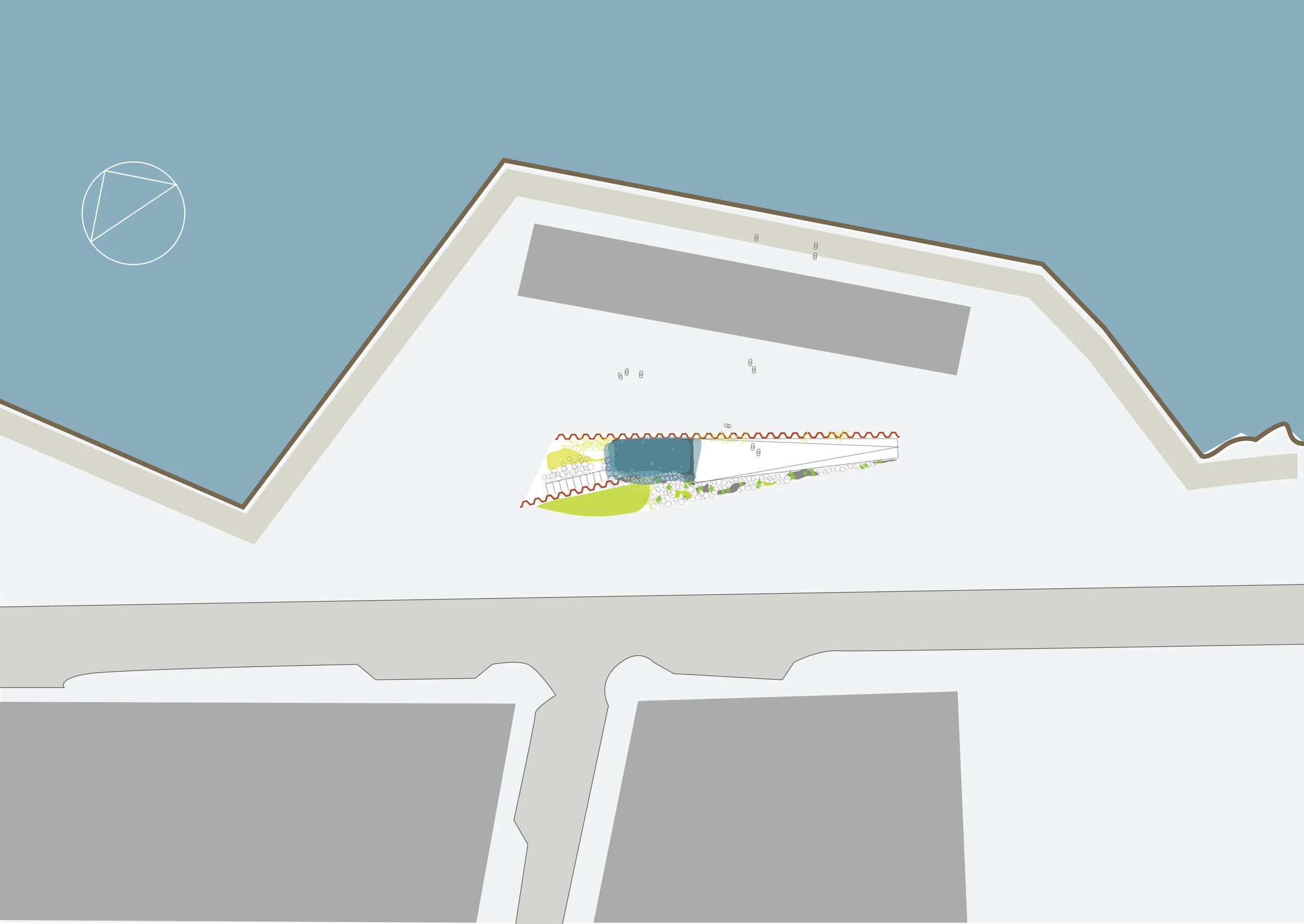 The sculpture shown in its proposed location together with the future road system (light grey) and residential area (dark grey). The dark grey box next to the shoreline are housing for tourist service industry. The placement of the sculpture is designed to catch the pedestrian traffic going through the port area, inviting pedestrians to enjoy the area on their own terms. ''... what the map cuts up, the story cuts across.'' - De Certeau