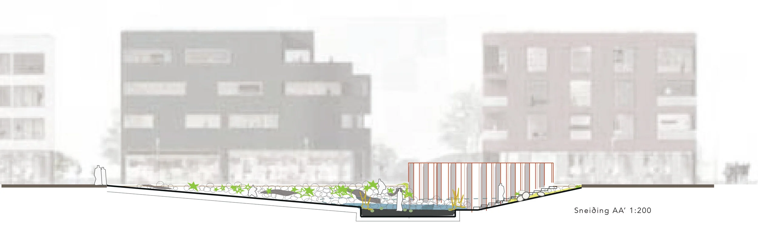 View from the shore line perspective with the neighborhood in the background. Beyond the long metal slider.