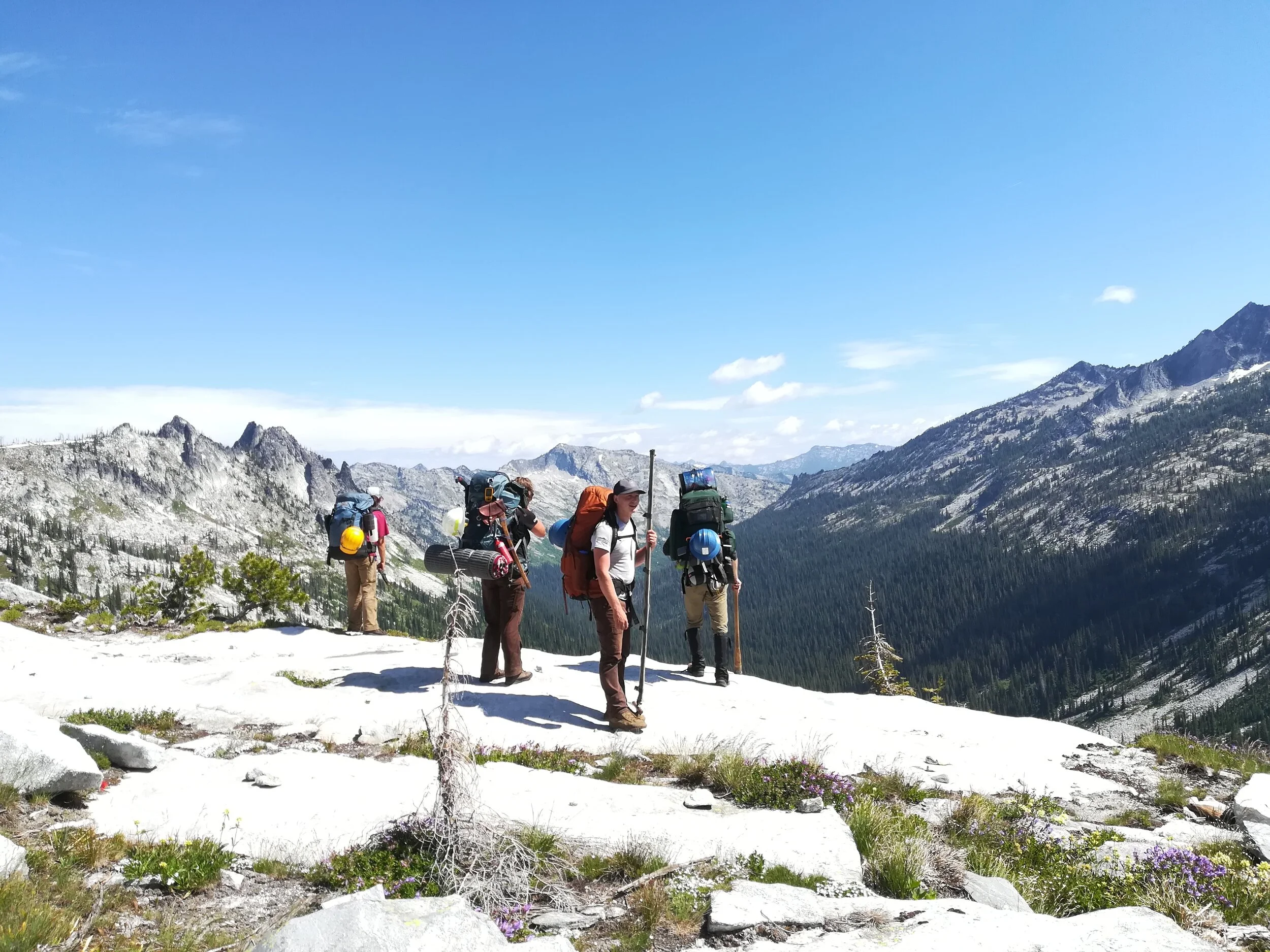 Crossing over the pass from Mill creek into the Fred Burr drainage on hitch 3 with Amelia Shields, Kathryn Bicking (both West Fork Trail Crew) and fellow SBFC Interns Connor White and Michael Reviere