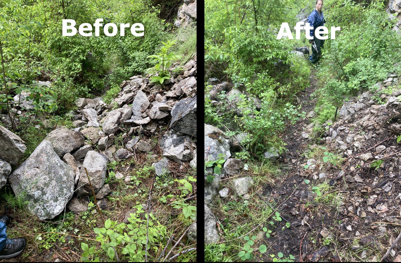   Before and after cleaning up a small rock slide on the #4 trail of the upper Selway, Bitterroot NF, Frank Church Wilderness, photo by Ian Harris  