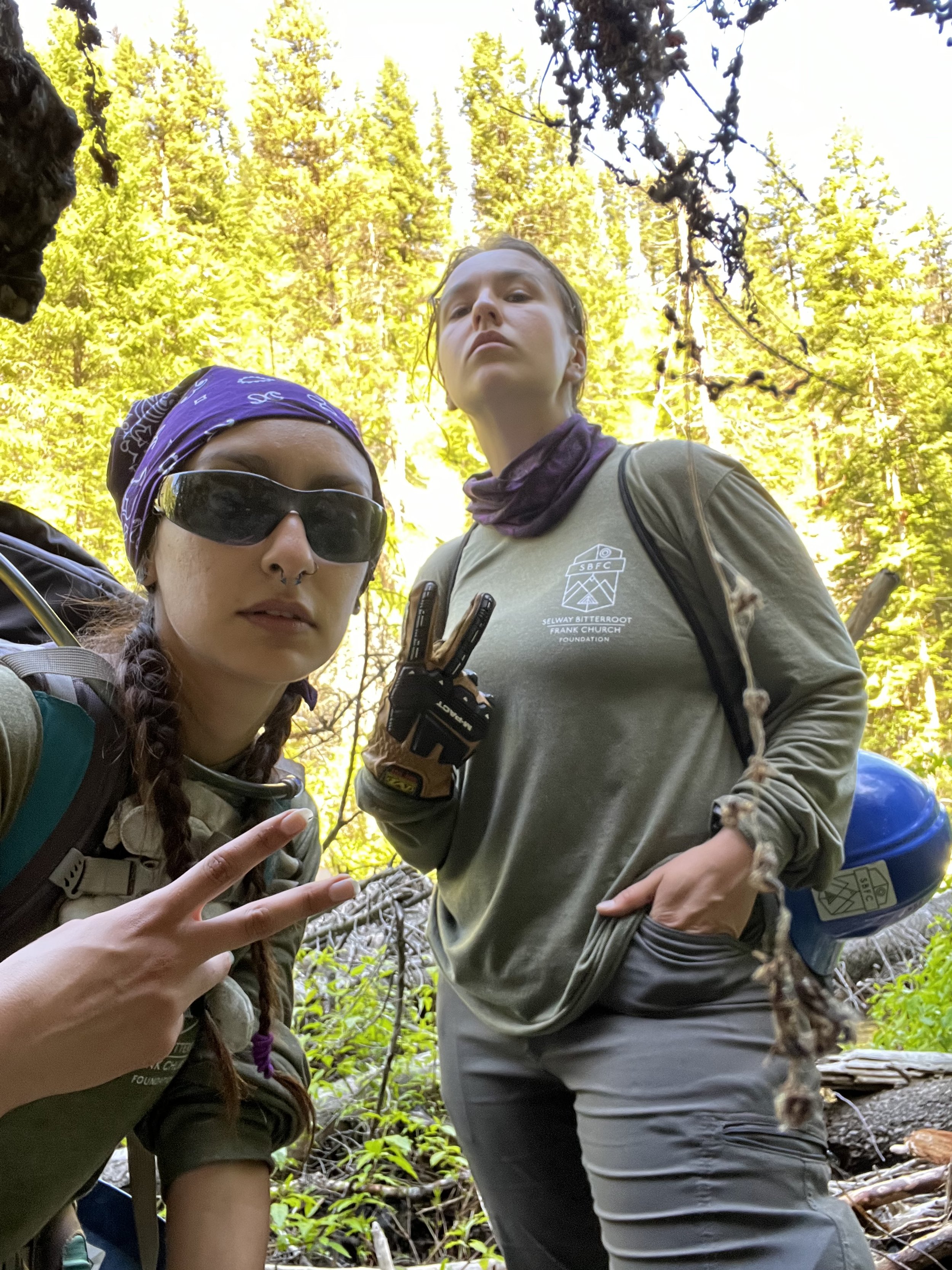    Hannah Richter and Reyna Rodriguez being cool, on the #4 trail of the upper Selway, Bitterroot NF, Frank Church Wilderness, photo by Reyna Rodriguez   