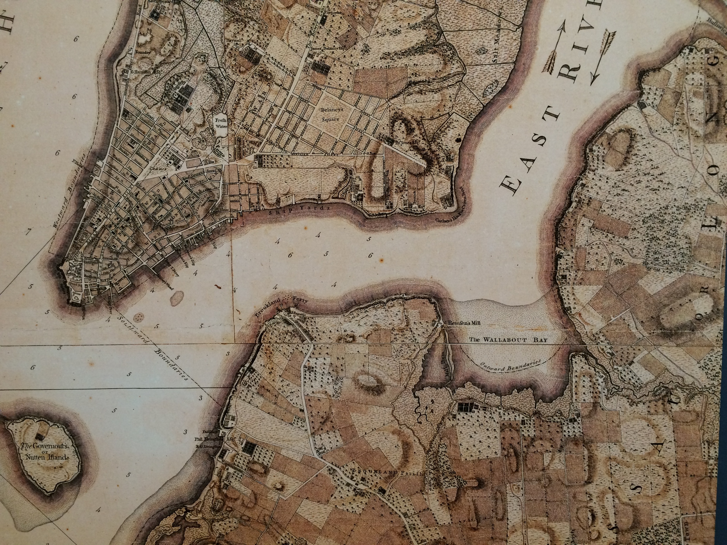 Plan of the City of New York showing “Brookland” as a mosaic of farms with shades bisected by Flatbush road. Wallabout Bay is shown just below the “E” in East River and is the location of the BNY. Rendition by Army Lieutenant Bernard Ratzer, 1770.