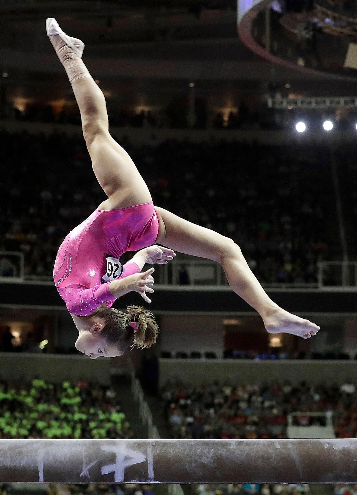 In the late 18th century tree trunks were used to help gymnasts with balance. Over the years, the balance beam was widened from 8 cm wide to 10 cm, and padding was added for safety as more challenging skills began to be incorporated into routines. The beam spans 16 feet in length and four feet high off the floor. The fabric used is either leather or suede to prevent slipping.