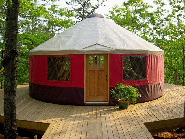Traditional yurts consist of an expanding wooden circular frame carrying a felt cover