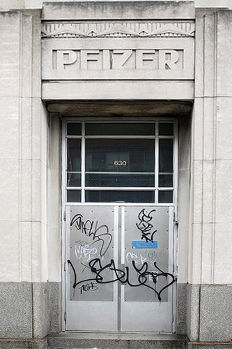 Deco Exterior of Pfizer Building with Graffiti