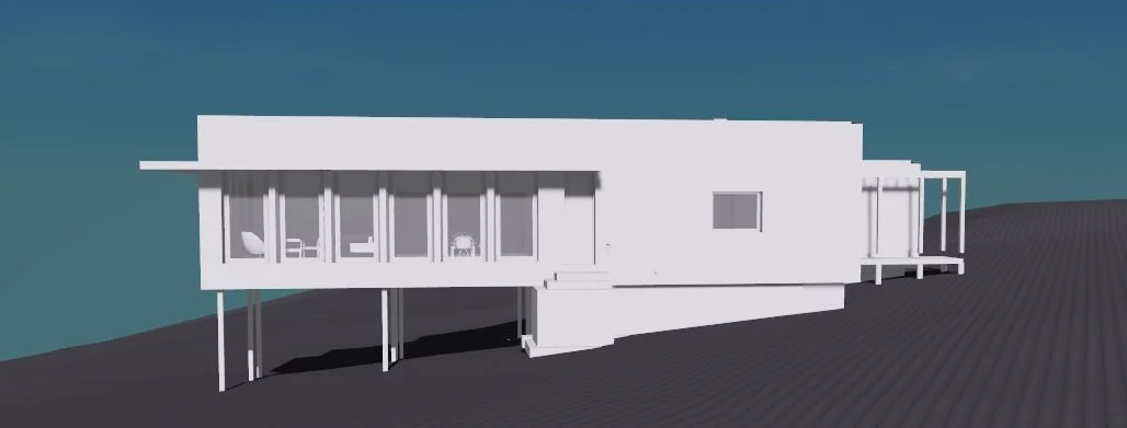 Exterior structure facing south west, floor to ceiling operable windows on south and west, and interior wood beams continue to allow shading in summer.