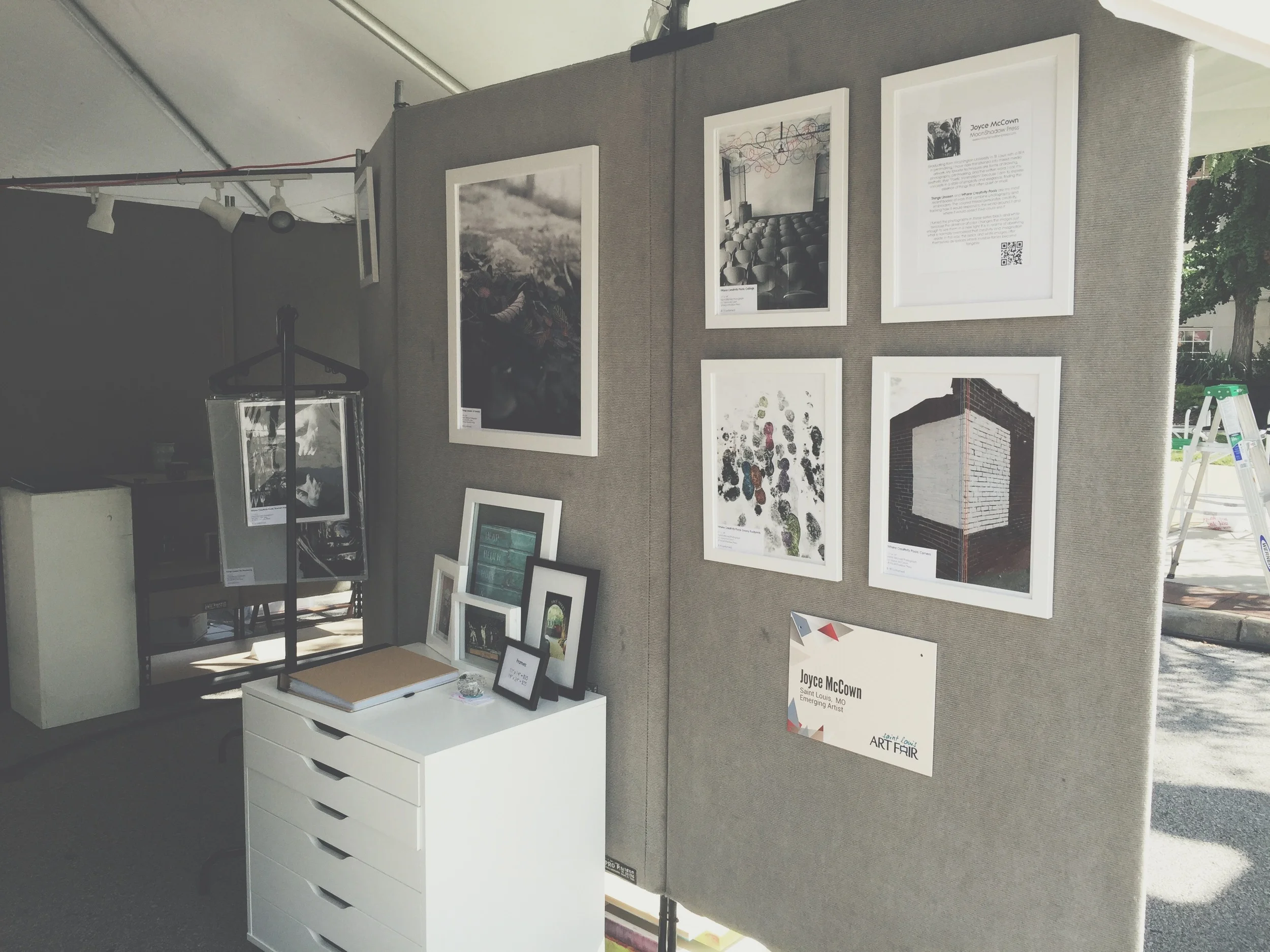I matched the minimal aesthetic of my work with the presentation. Using the chest of drawers helped keep my area looking clean while still having important stuff, like business cards and a credit card reader, close at hand. 