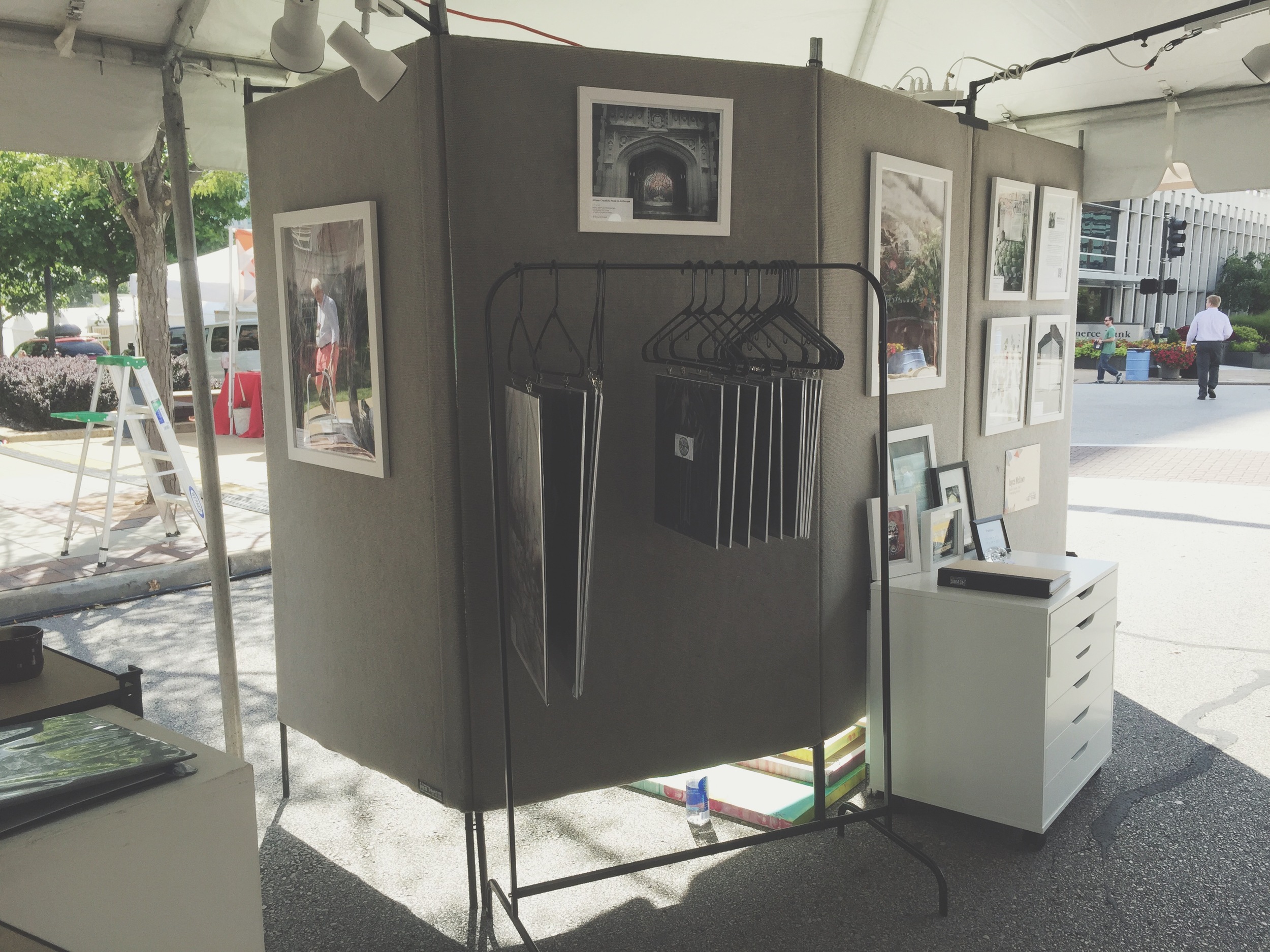 This was the first time I've used a clothing rack to display artwork, and I loved it! It worked great, except that the wind kept pushing all the pieces to one side.