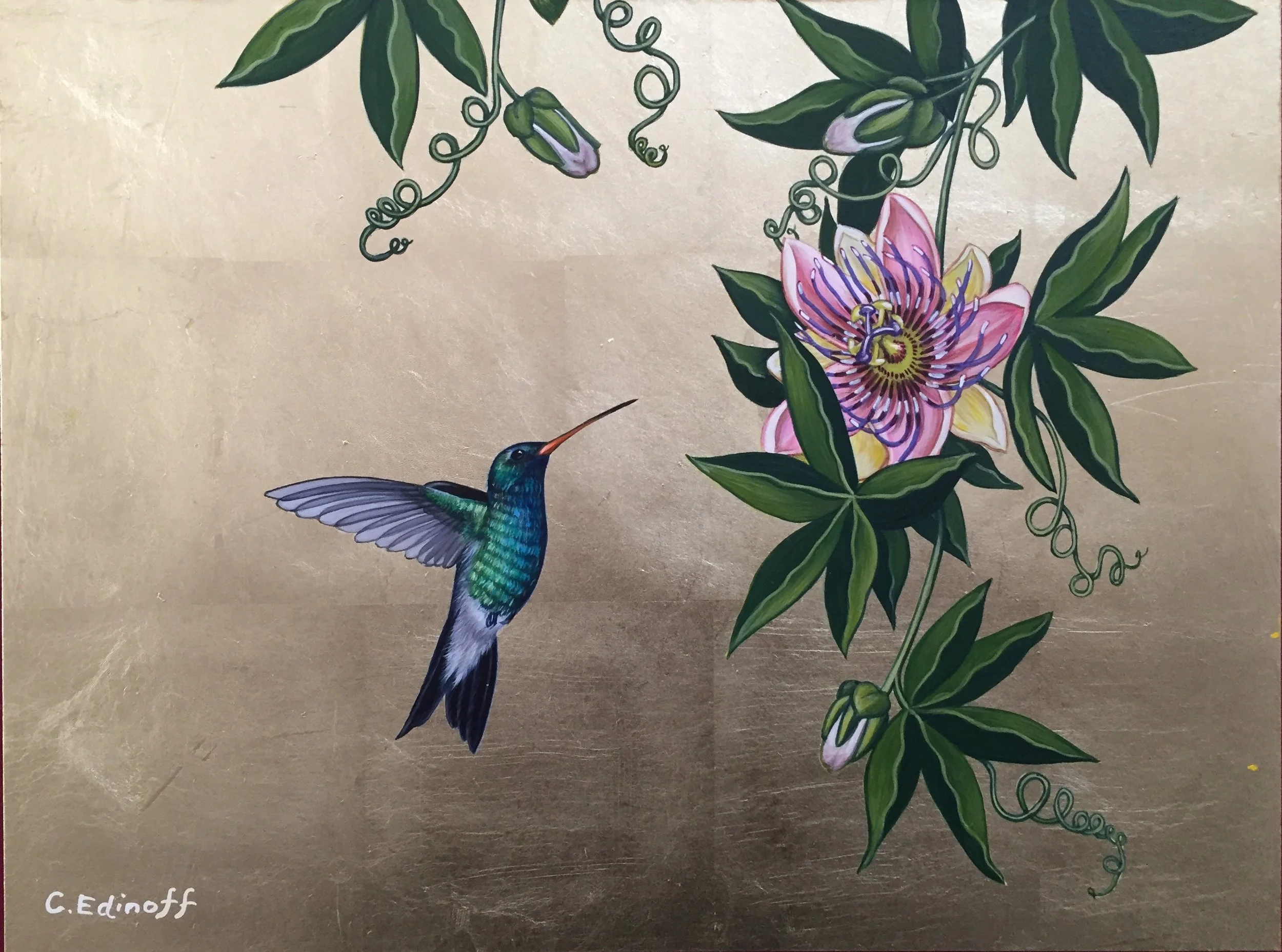 Hummingbird and passionflower painting by Cat Edinoff