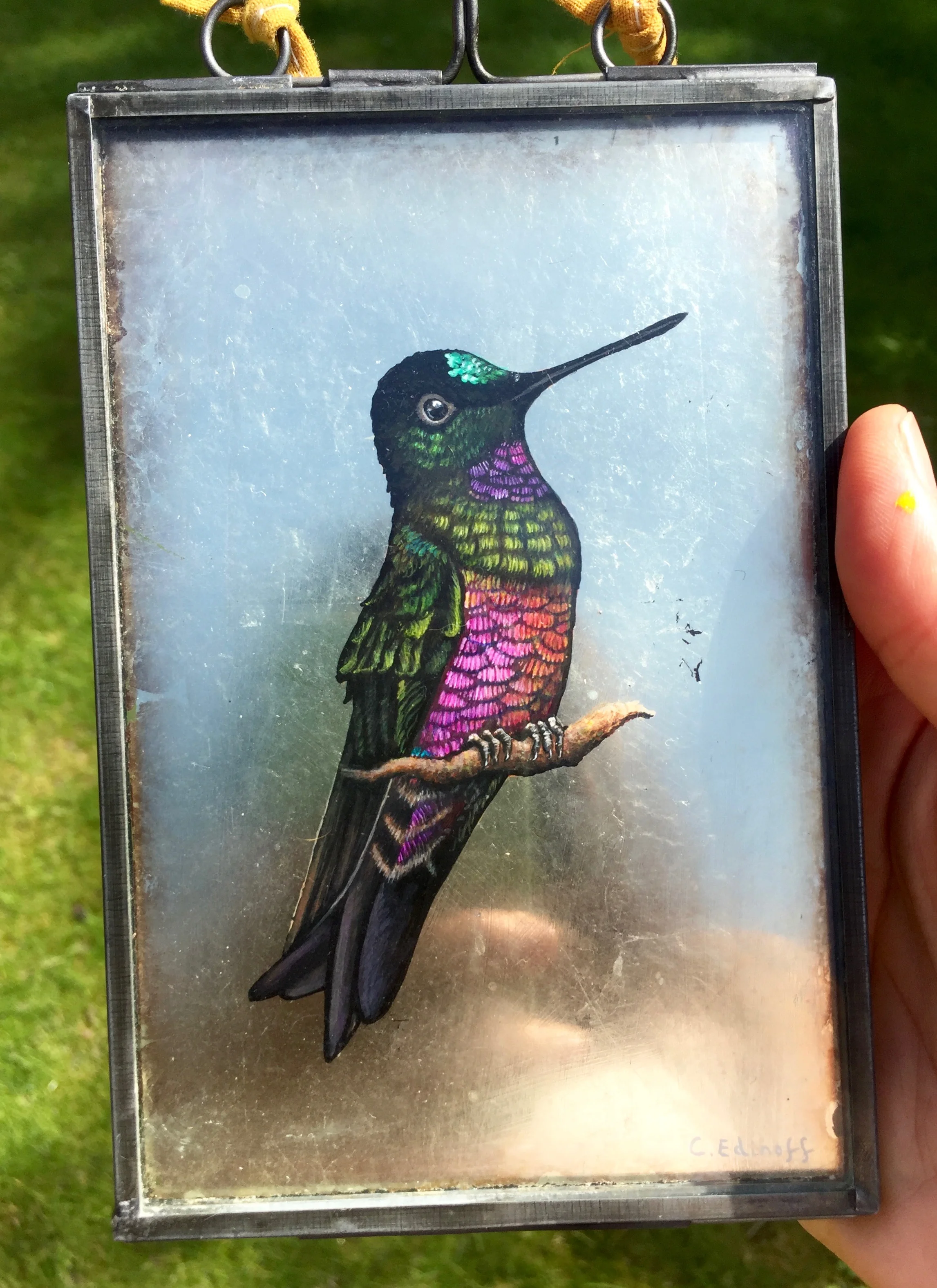Hummingbird gilded painting by Cat Edinoff