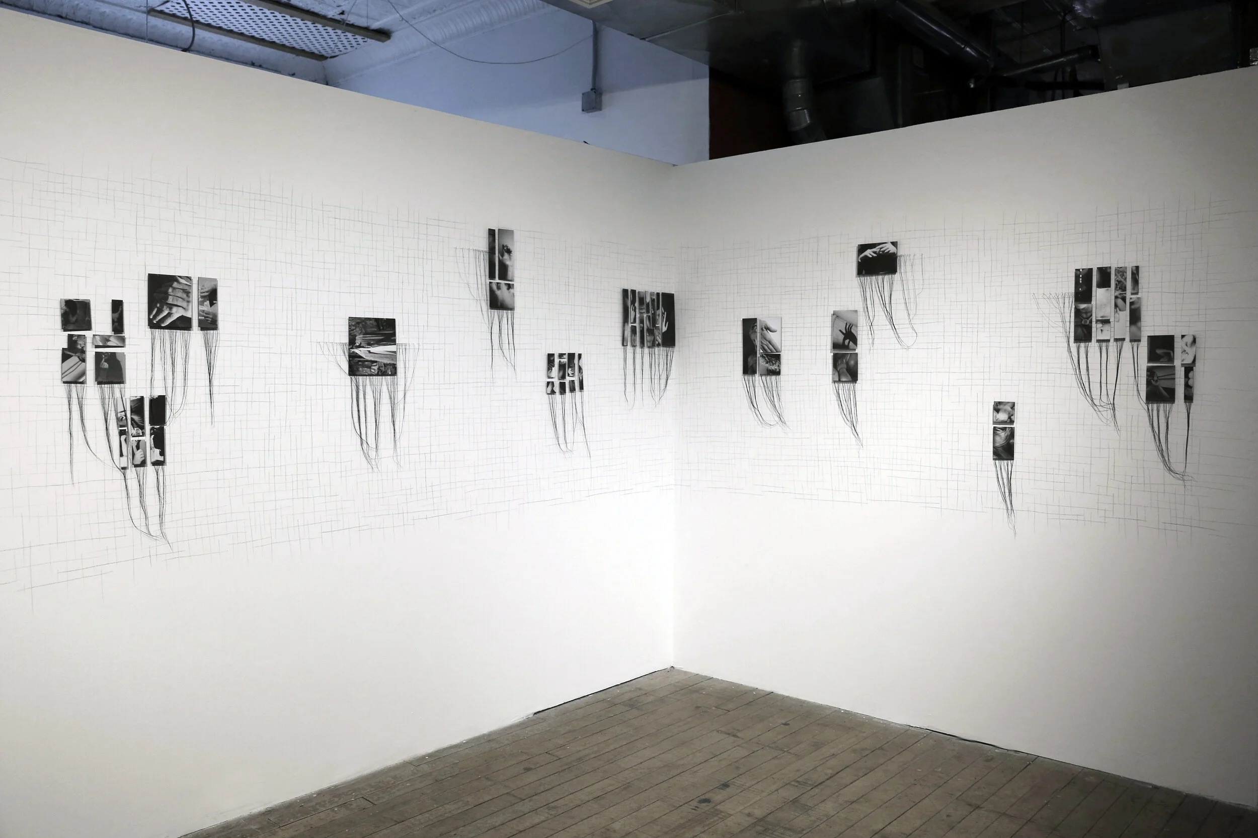 Catalog, 2018, installation (screen printed photos, thread, drawing on wall, pins), 8 x 13 x 16 ft