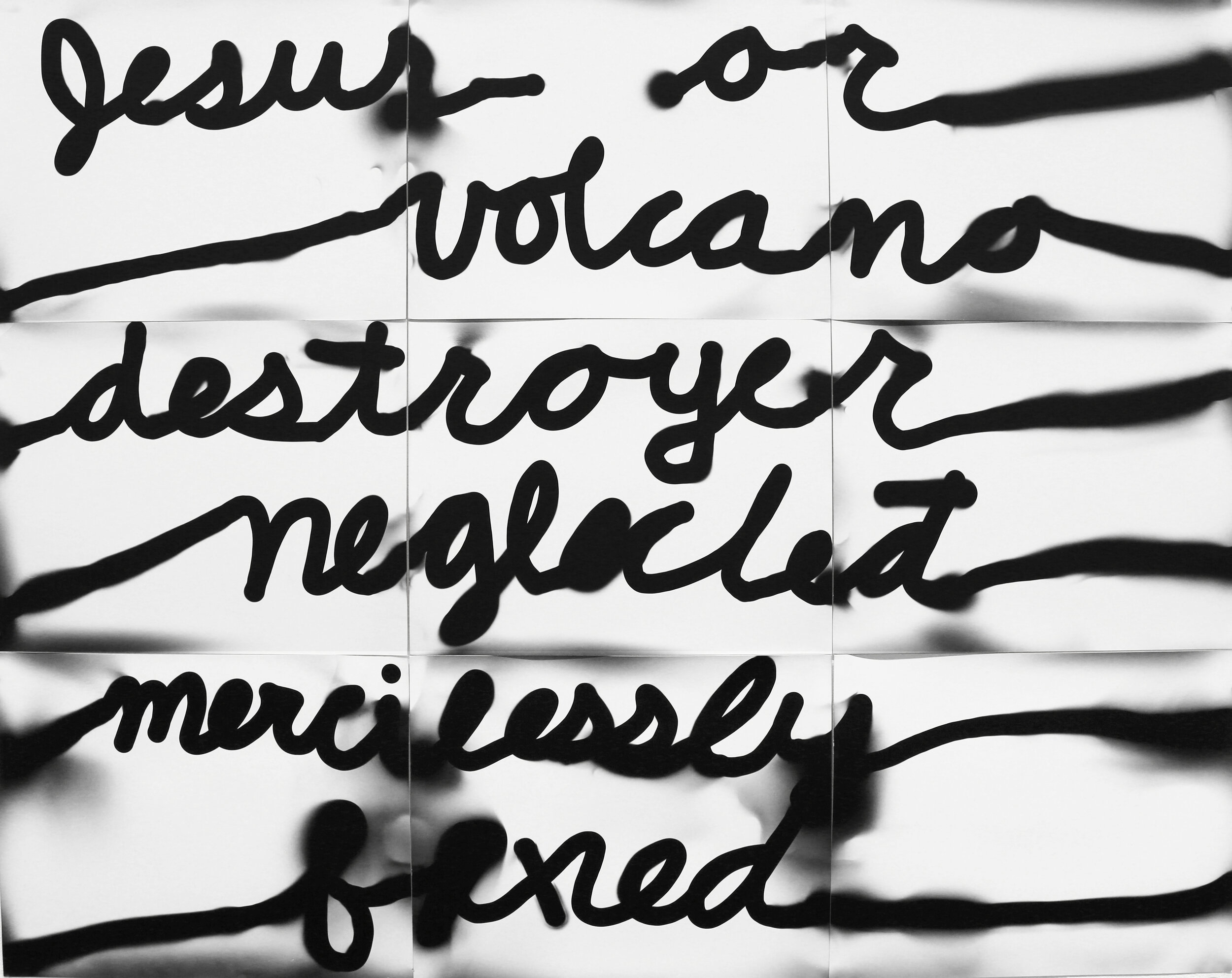 jesus or volcano destroyer neglected mercilessly fixed, 2020, flashlight drawn gelatin silver prints, 33 x 42 in