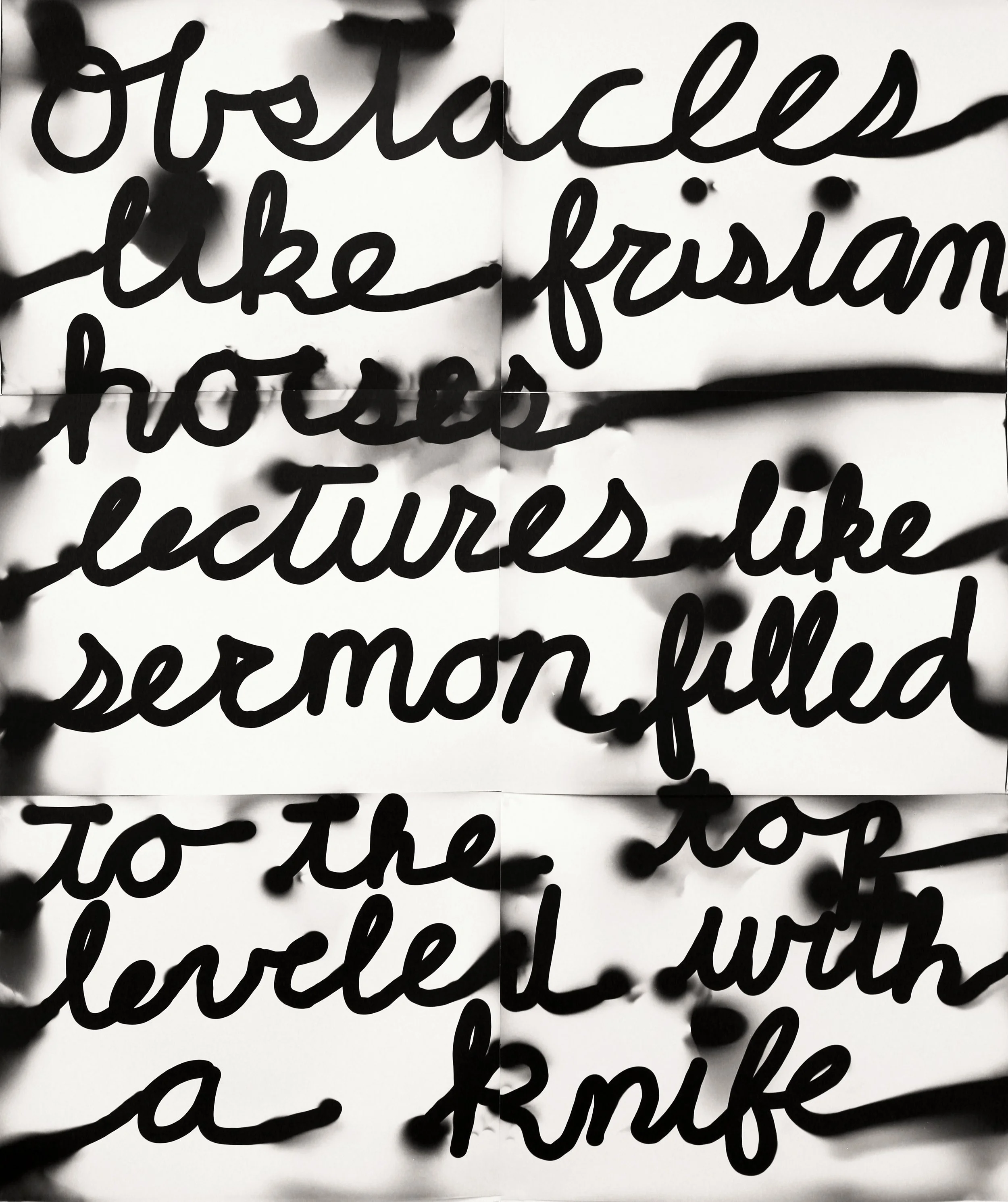 obstacles like frisian horses lectures like sermon filled to the top leveled with a knife, 2020, flashlight drawn gelatin silver prints, 32 x 60 in