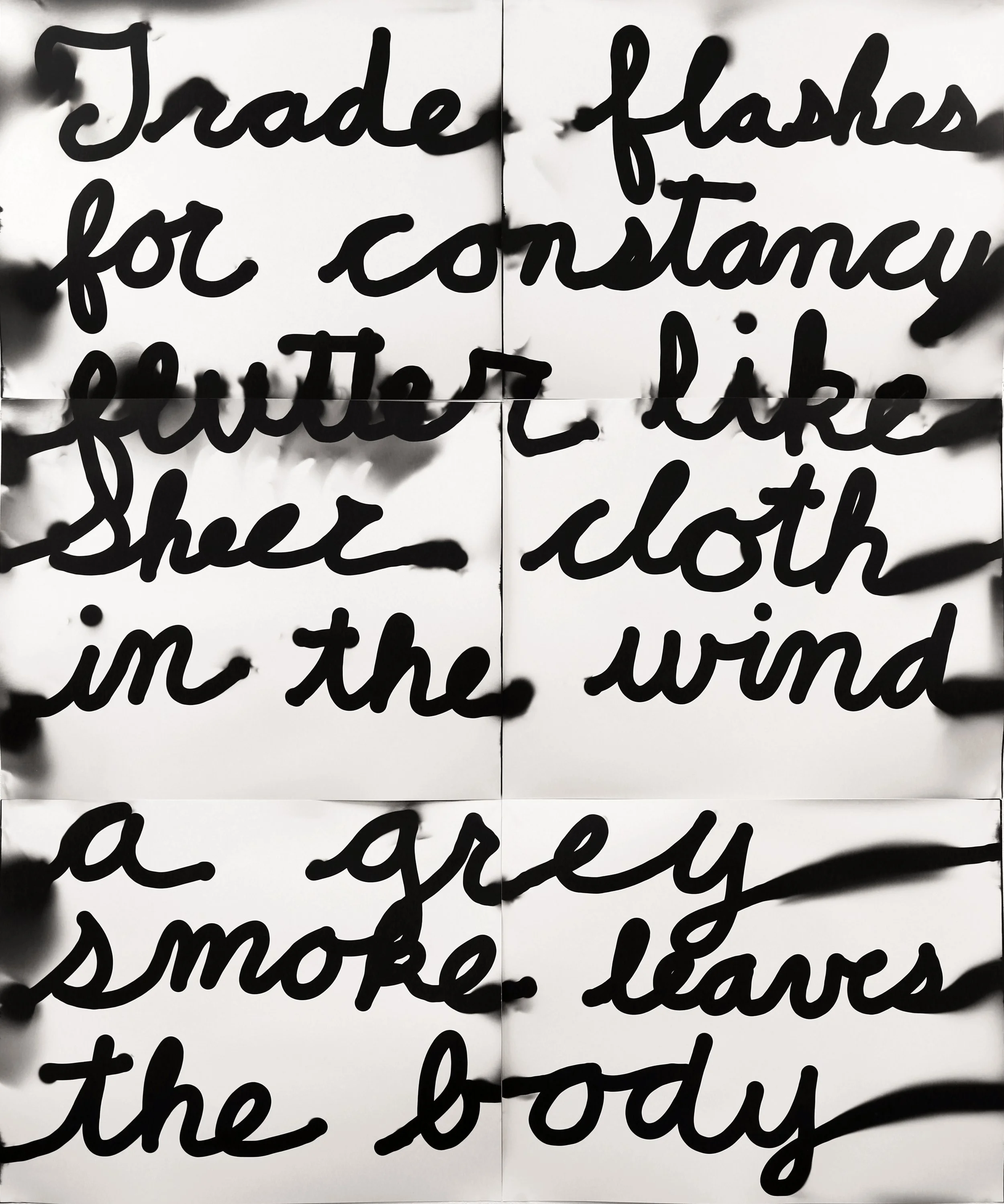 trade flashes for constancy flutter like sheer cloth in the wind a grey smoke leaves the body, 2020, flashlight drawn gelatin silver prints, 32 x 60 in