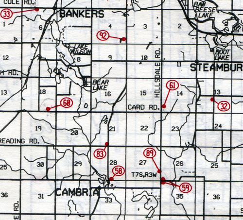   Cambria Twp. T-7-S &nbsp;R-3-W      
  
  
 
 
 
 
 
 
 
 
 
 
 
 
  
  
  
  
  
  
    32… Morgan  33… Bankers  58… Old Cambria  59… Sebring (Willys or Wayne Highway)  61… Dow  68… Randolph  83… New Cambria  89… Old Sebring  92… Hillsdale County 